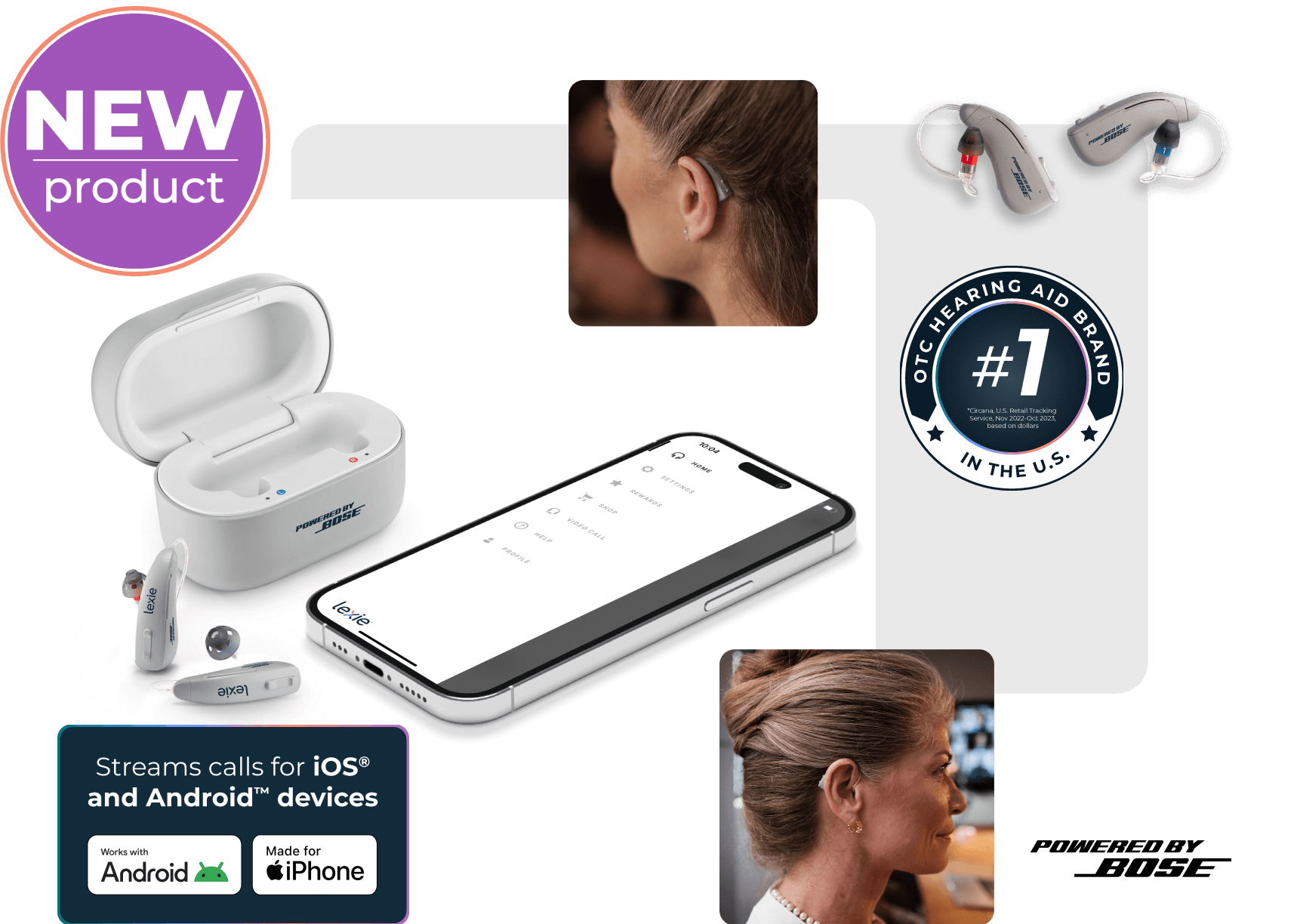 Lexie B2 Plus hearing aids Powered by Bose on a counter next to a phone showing the Lexie app.