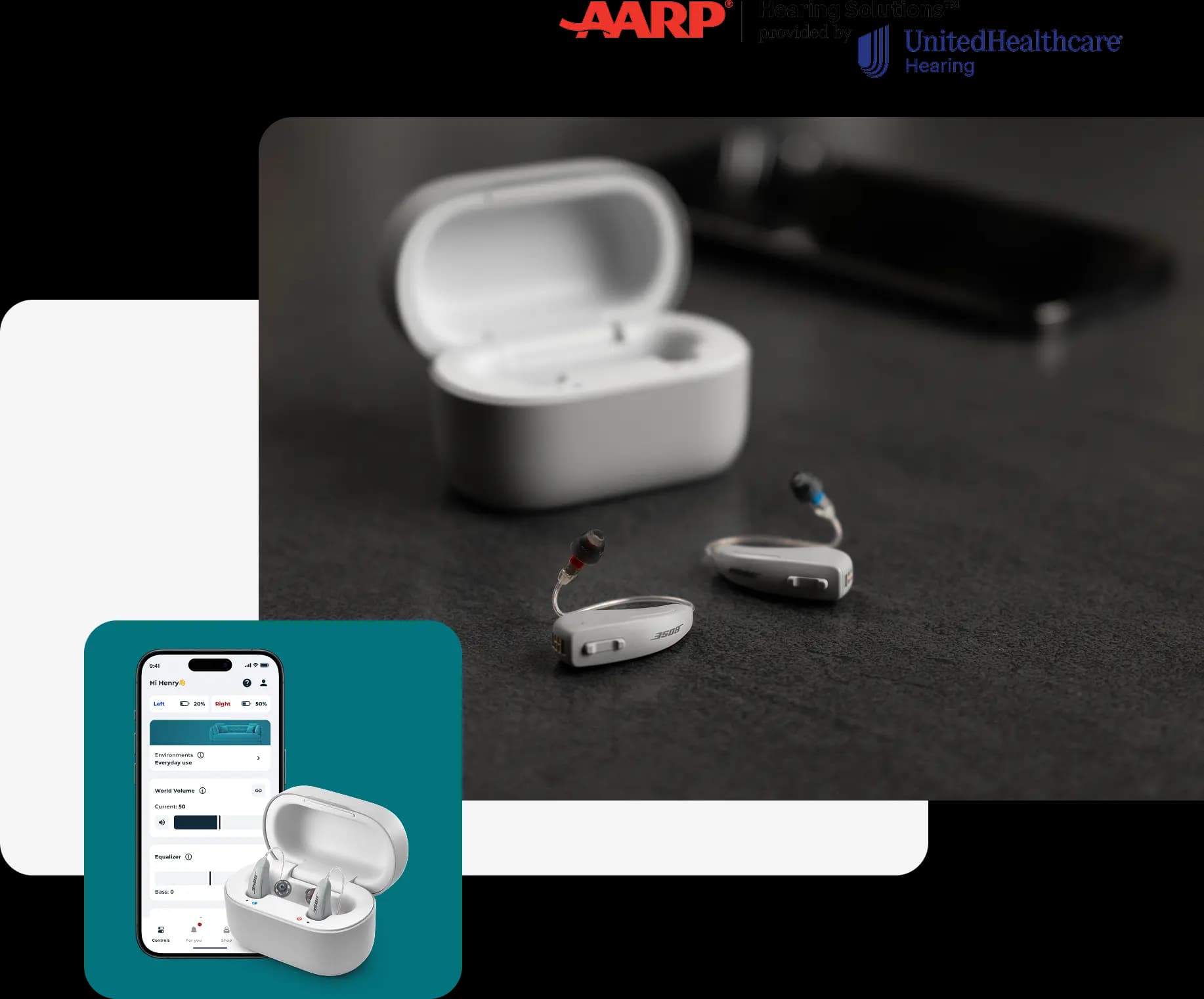 Lexie B2 Plus hearing aids Powered by Bose on a counter next to a phone showing the Lexie app.
