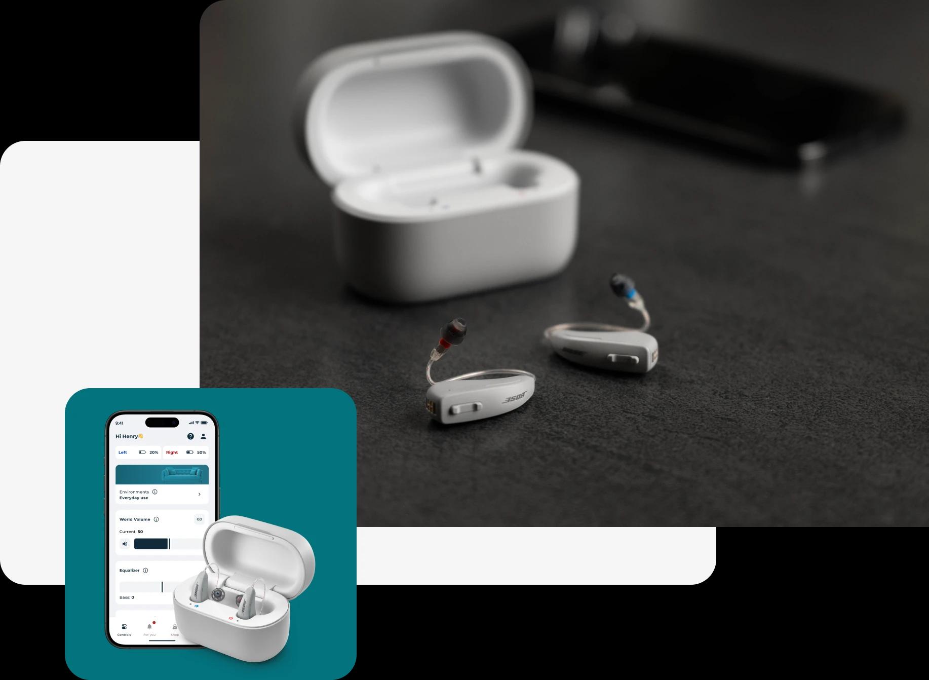 Lexie B2 Plus hearing aids Powered by Bose on a counter next to a phone showing the Lexie app.
