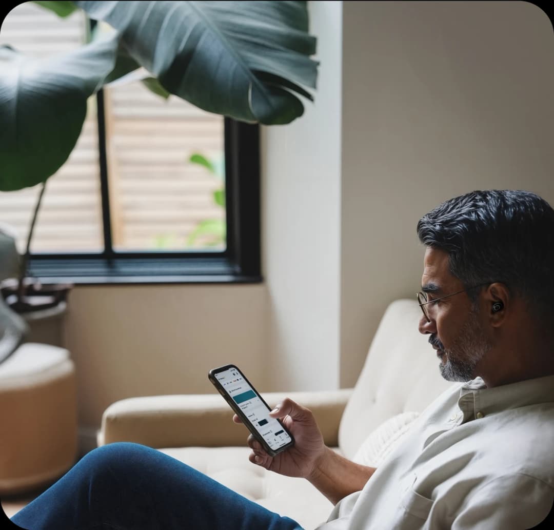 Man using phone for hearing support.