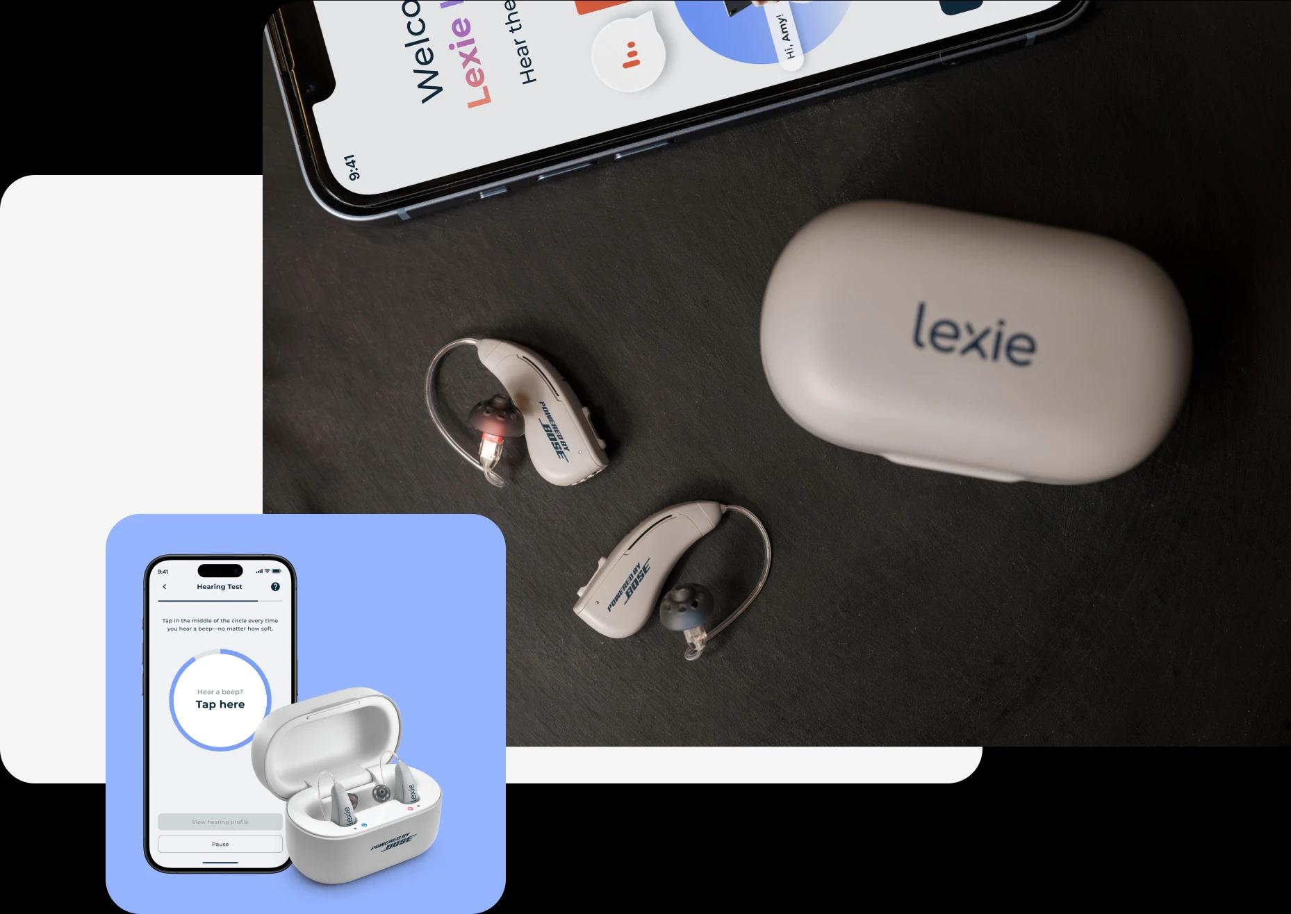 Lexie B2 Plus hearing aids Powered by Bose on a counter next to a phone showing the Lexie app.