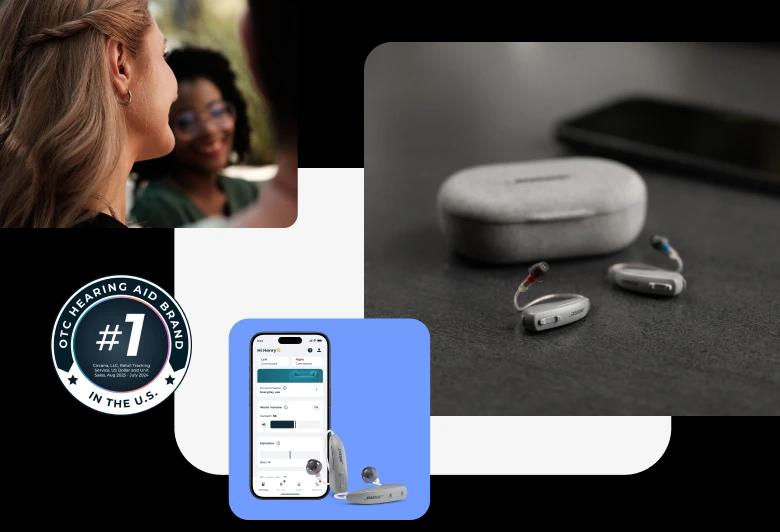Lexie B1 Powered by Bose hearing aids on a counter next to a phone showing the Lexie app.
