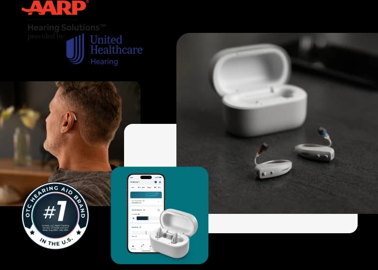 Lexie B2 Powered by Bose hearing aids on a counter next to a phone showing the Lexie app.
