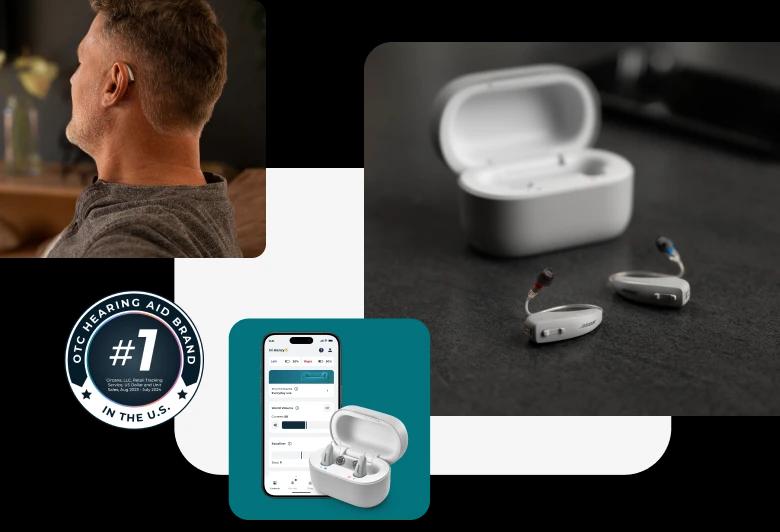 Lexie B2 Powered by Bose hearing aids on a counter next to a phone showing the Lexie app.
