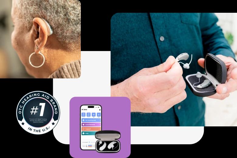 Man holding Lexie Lumen hearing aids next to a phone showing the Lexie app.