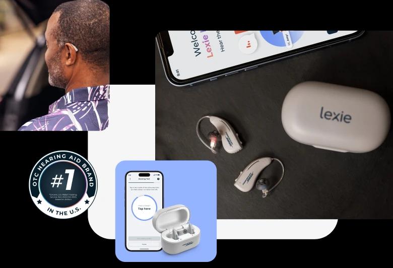 Lexie B2 Plus hearing aids Powered by Bose on a counter next to a phone showing the Lexie app.