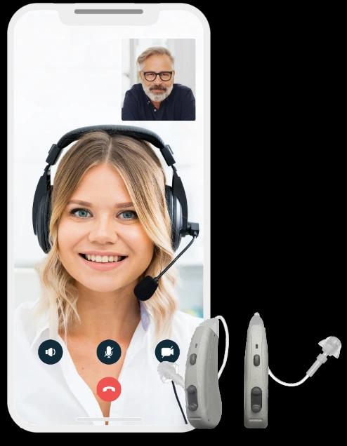 A smartphone with a Lexie Expert on the screen. There are two light gray Lexie Lumen hearing aids next to it.