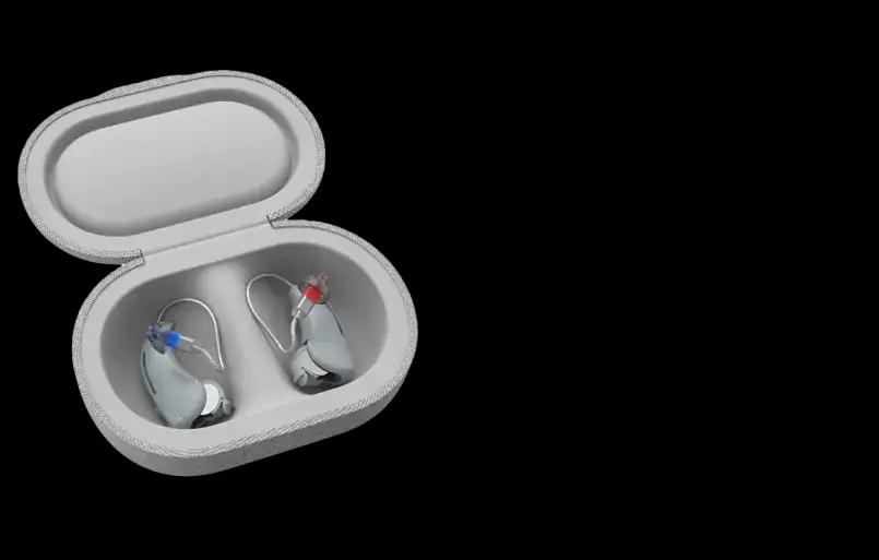 Lexie B2 Self-fitting OTC hearing aids Powered by Bose in their charging case.