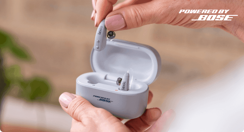 The Lexie B2 hearing aids Powered by Bose in the charging case case with the Money Magazine Best OTC hearing aid award.