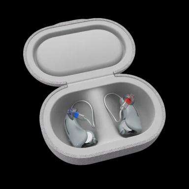 A pair of gray Lexie B2 Powered by Bose hearing aids.