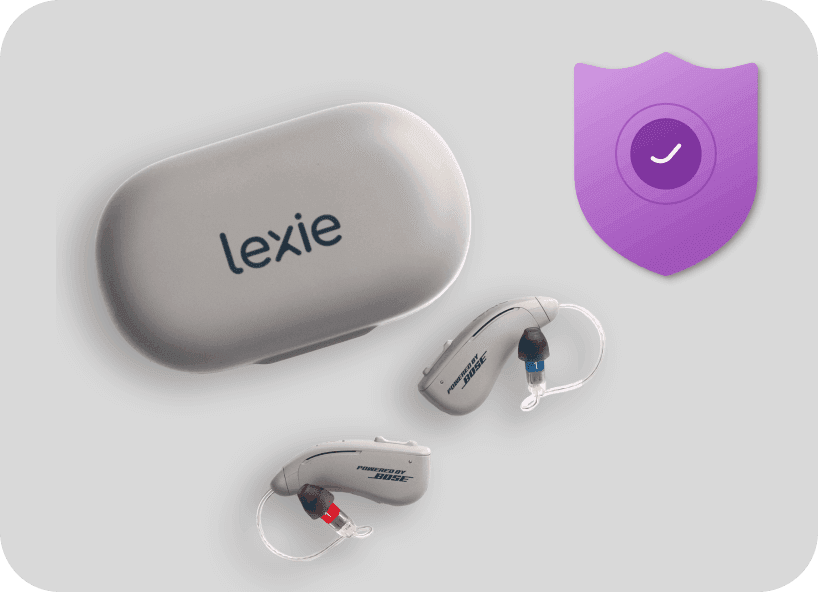 Lexie B1 hearing aids next to their carry case with a Lexie Protection Plan icon.