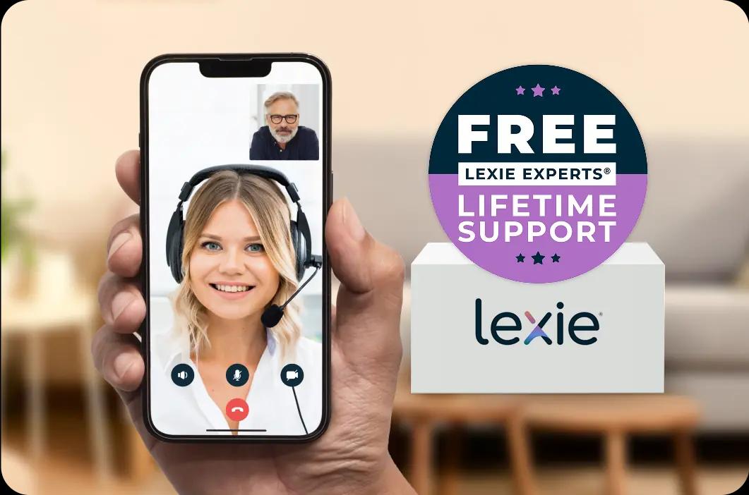 Hand holding a phone with a female Lexie Expert on video call.