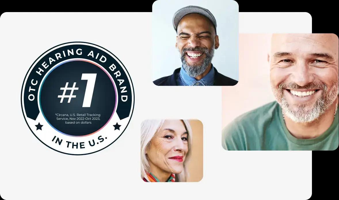Three people smiling wearing Lexie hearing aids. Time100 most influential companies 2023 logo.