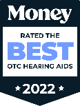 A badge award stating: Rated Best OTC Hearing Aid by Money Magazine.