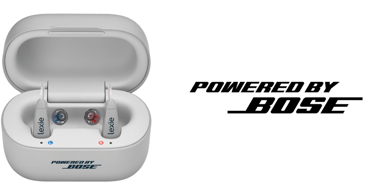 Lexie B2 Self-fitting OTC hearing aids Powered by Bose in their charging case.