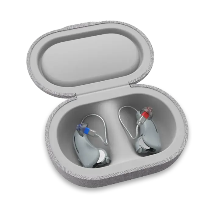 A pair of gray Lexie B2 Powered by Bose hearing aids.