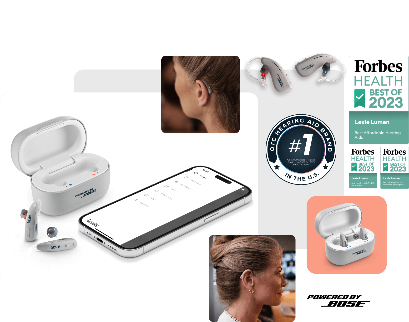 Lexie B2 Plus hearing aids Powered by Bose on a counter next to a phone showing the Lexie app.
