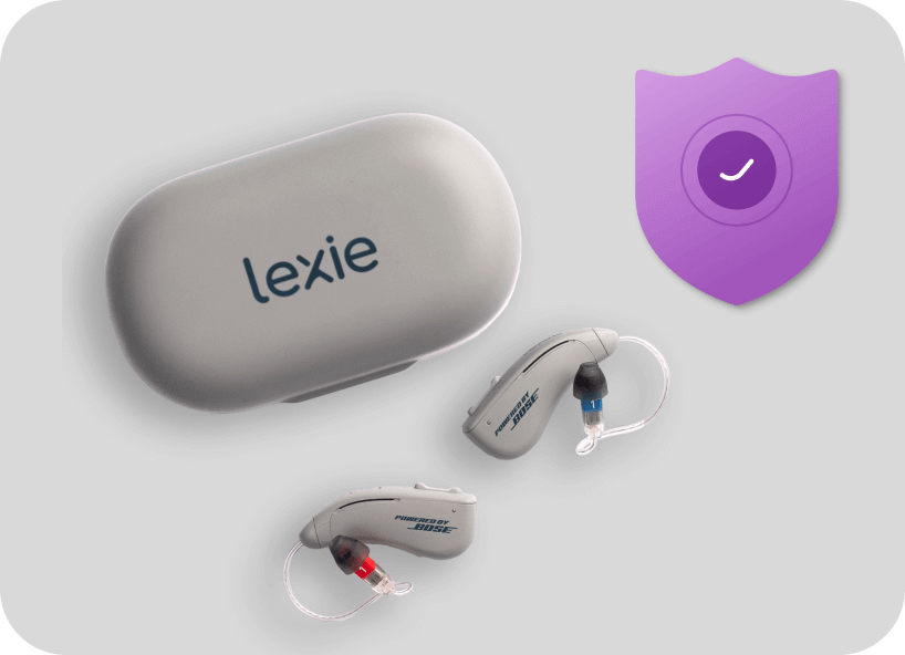 Lexie B1 hearing aids next to their carry case with a Lexie Protection Plan icon.