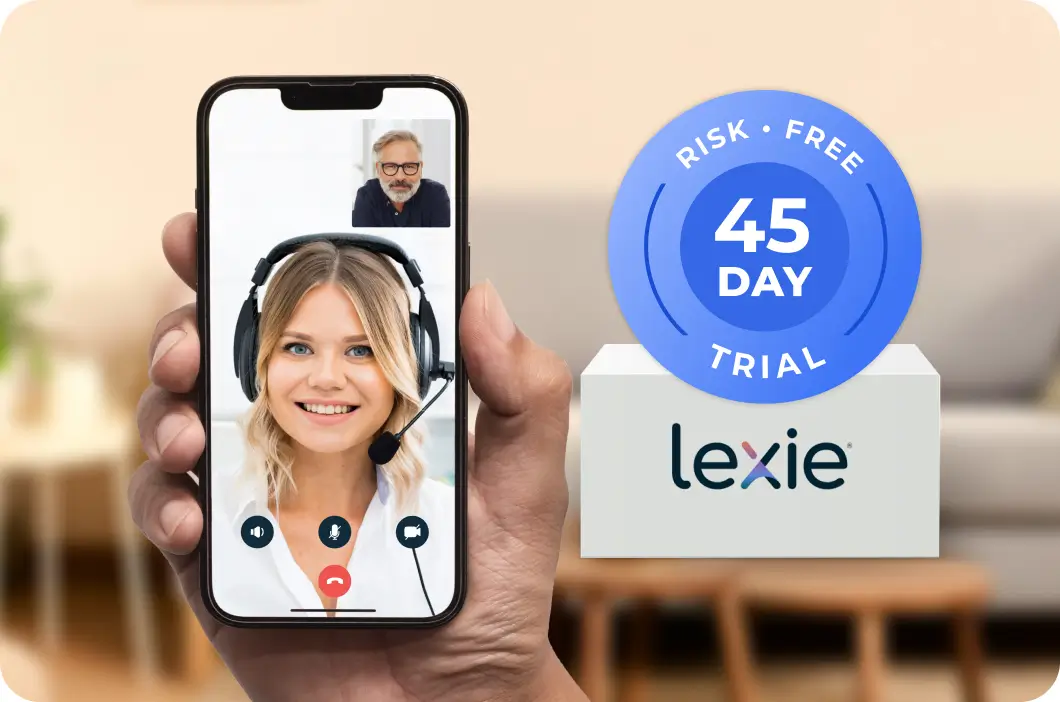 Hand holding a phone with a female Lexie Expert on video call.