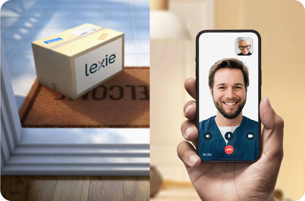 Lexie Hearing parcel delivered on a doorstep and a hand holding a phone speaking with a Lexie Expert over video call.