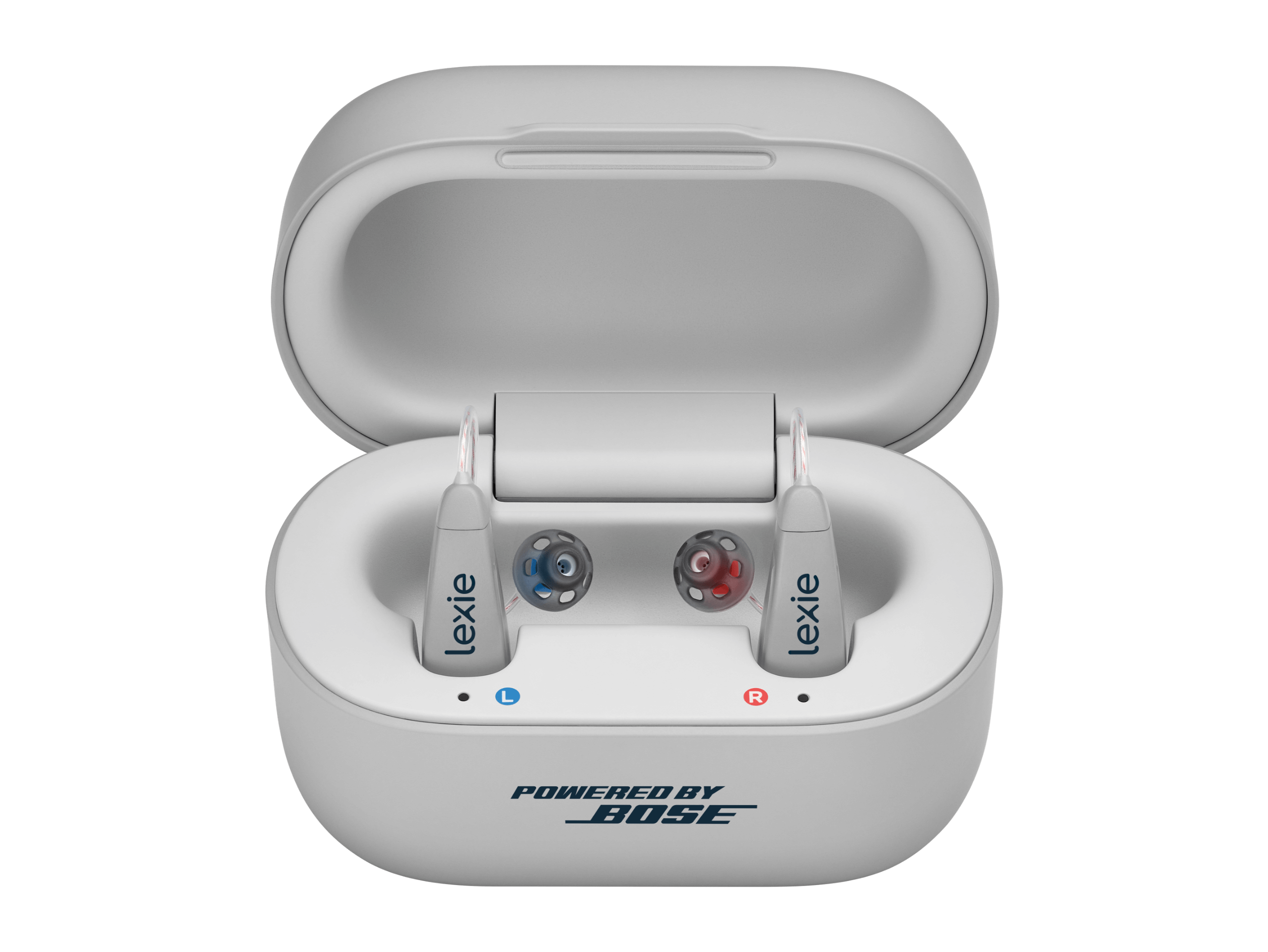 Lexie B2 Plus Product | Front facing open charging case with two hearing aids inside thumbnail.