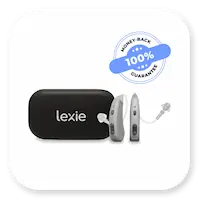 Lexie Lumen Product | Gray Lexie Lumen hearing aid with black carry case and a 100% money-back guarantee thumbnail.