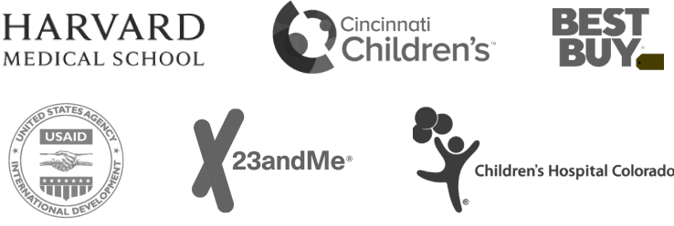 Logos of Harvard medical school, Cincinnati children's hospital, Best Buy, USAID, 23 and Me, Children's hospital Colorado