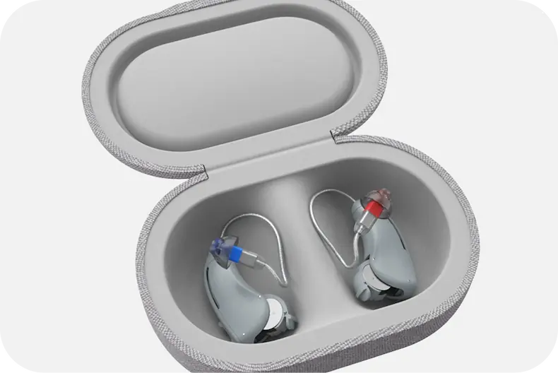 Lexie B1 hearing aids in their carry case.