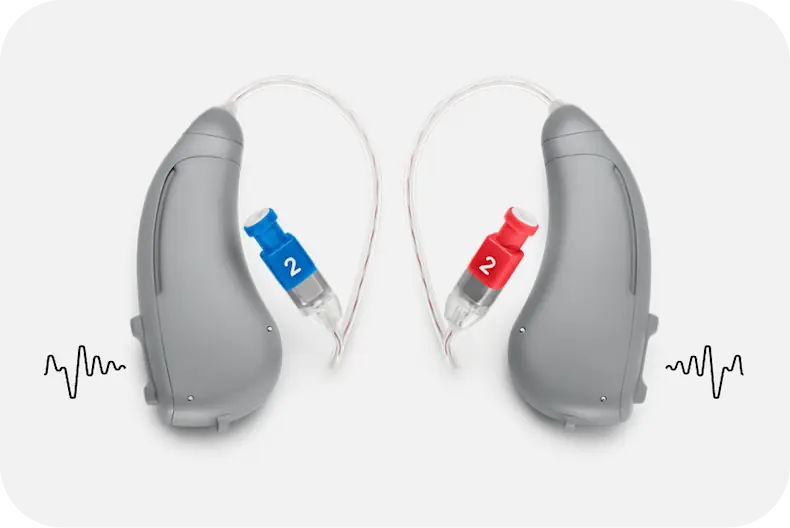 Two Lexie B1 hearing aids lying flat next to each other