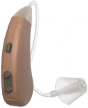 Front view of Lexie hearing aid in beige.