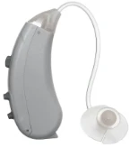 Side view of Lexie hearing aid in light gray.