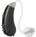Front side view of Lexie hearing aid in metallic black.