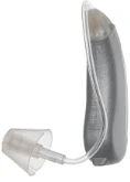 Back view of Lexie hearing aid in silver.