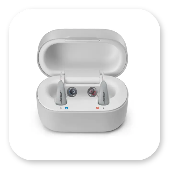 Lexie B2 Product | Front facing open charging case with two hearing aids inside thumbnail.
