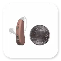 Lexie Lumen Product | Size comparison, beige Lexie Lumen hearing aid with a quarter thumbnail.