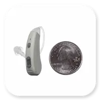Lexie Lumen Product | Size comparison, gray Lexie Lumen hearing aid with a quarter thumbnail.