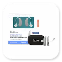 Lexie Lumen Product | Lexie Hearing packaging, box and bluetooth hearing aids thumbnail.