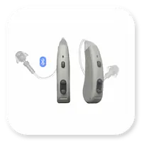 Gray, Bluetooth-enabled Lexie Lumen hearing aid.