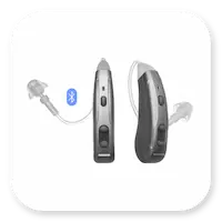 Silver, Bluetooth-enabled Lexie Lumen hearing aid.